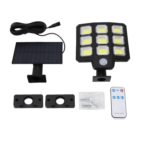 Eminchu Solar Flood Light for Patio Yard, 240 LED with solar panel, remote control, and mounting brackets.