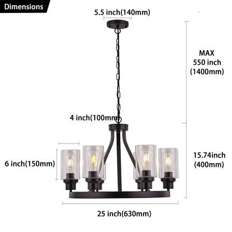 Dimensions of Farmhouse Chandelier For Dining Room Black Pendant Light 6-Light Round Rustic Ceiling Fixture With Glass Globes Adjustable Height Easy Install E26 Base Dimmable Compatible Perfect Rustic Modern Vibe.