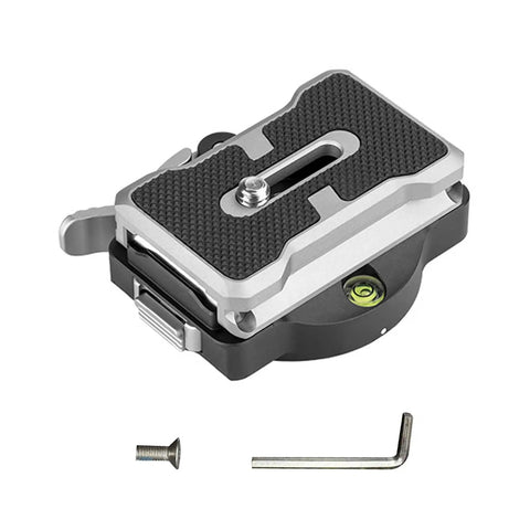 Auto Locking Quick Release Plate With Universal Tripod Base Rock-Solid Anti-Slip Stability For Sliders And Vertical Filming Quick Press-To-Release 15Kg Load Capacity QF 60 Black, shown with screw and wrench