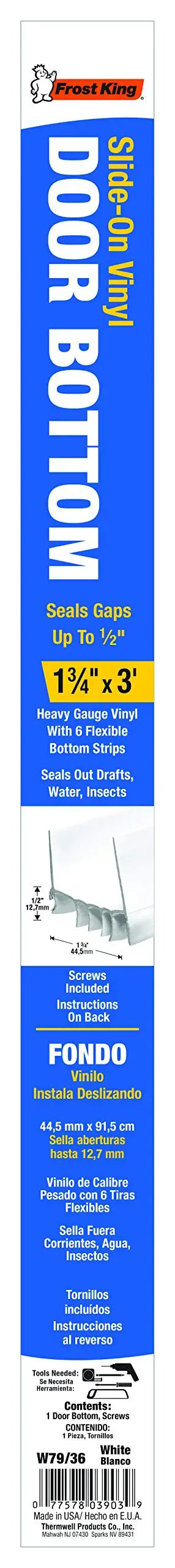 Vinyl Slide-On Door Bottom for Metal Doors 1-3/4 Inch Wide by 36 Inch Long White Seals Gaps Up to 1/2 Inch with 6 Flexible Fins packaging