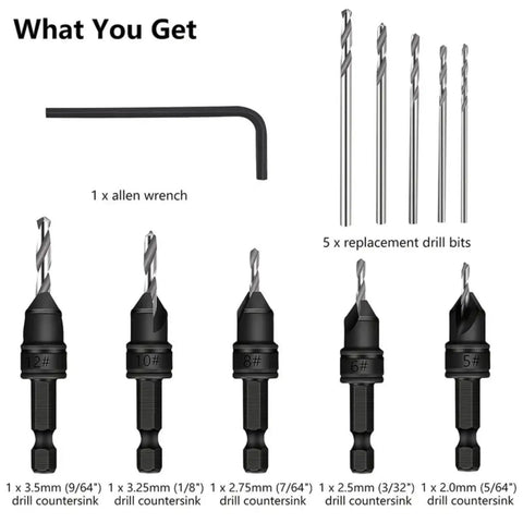 Five Piece HSS Drill Bits Set With Countersink And Replaceable Bits For Woodworking Quick Change Chamfered Countersink Drill Bits For Pilot Holes Durable Woodworking Tool Kit with allen wrench and replacement bits visible