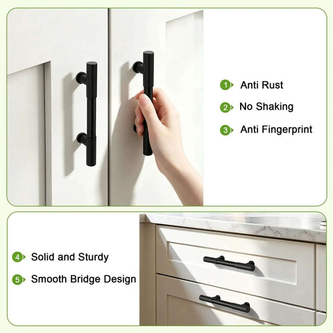 Hand using Ten Pack Three Inch Hole Centers Matte Black Solid Cabinet Handles And Drawer Pulls for cupboards