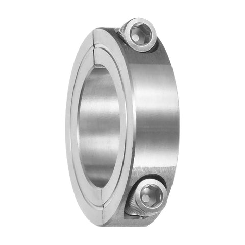 Four Pack Double Split Clamp On Shaft Collar For One And One Quarter Inch Shaft Two Piece Clamping Collar With Two And One Sixteenth Inch Outside Diameter And One Half Inch Thick Made From 304 Stainless Steel Heavy Duty Set Screw Style