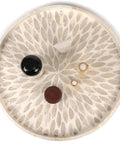 Top view of Mother Of Pearl Turntable Organizer Lazy Susan For Kitchen Countertop And Cabinet Storage With Capiz Shell Inlay And Blue Floral Pattern 12.5 Inch Coastal Nautical Style Durable Wood Core Smooth Spin And Easy Access.