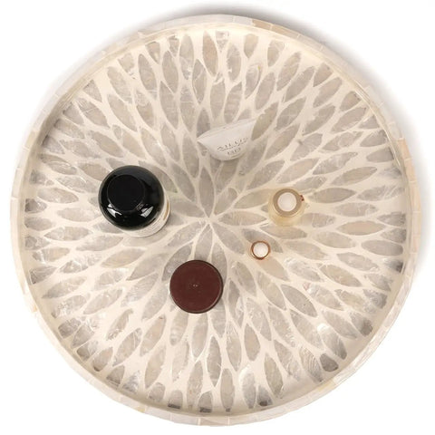 Top view of Mother Of Pearl Turntable Organizer Lazy Susan For Kitchen Countertop And Cabinet Storage With Capiz Shell Inlay And Blue Floral Pattern 12.5 Inch Coastal Nautical Style Durable Wood Core Smooth Spin And Easy Access.