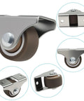 Eight Pack Mini Fixed Caster Wheels, 1 Inch Low Profile TPE Rubber Casters With Screws, shown in various angles.