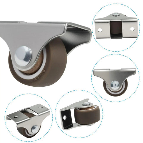 Eight Pack Mini Fixed Caster Wheels, 1 Inch Low Profile TPE Rubber Casters With Screws, shown in various angles.