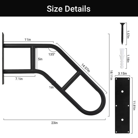 Tough As Nails U Shape Handrails For Outdoor Steps And Deck Wall Mount Grab Bar For Elderly Safety Support size chart with dimensions and mounting details.