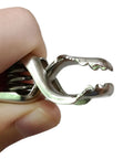 Close-up of stainless steel clip from 4 Pack Fencing Mask Cord For Foil And Sabre, clear twin core electric mask cable.