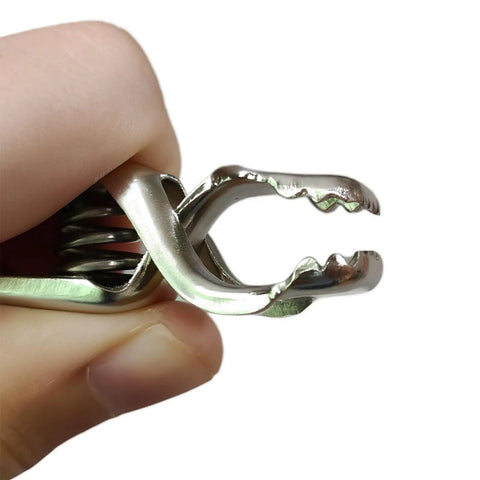Close-up of stainless steel clip from 4 Pack Fencing Mask Cord For Foil And Sabre, clear twin core electric mask cable.