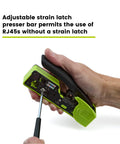 Hand using All In One RJ45 Crimp Tool For Pass Through Connectors, Cut, Score, And Strip, Works With Cat5e, Cat6, Cat6A, shown in side view.