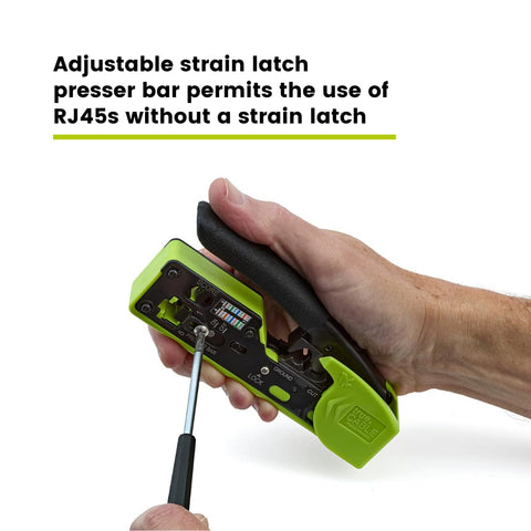 Hand using All In One RJ45 Crimp Tool For Pass Through Connectors, Cut, Score, And Strip, Works With Cat5e, Cat6, Cat6A, shown in side view.