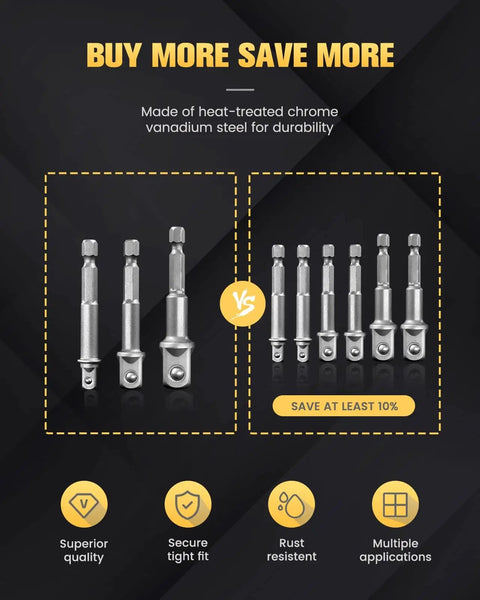 Impact Grade Socket Adapter Set Three Piece With Bit Holder One Quarter Inch Three Eighths Inch One Half Inch SAE Hex Shank Cr V Heat Treated For Cordless Drill And Screwdriver Heavy Duty Drill Bit Adapters showcased with durability icons.