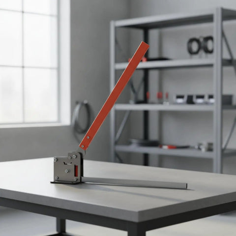 Manual Rail Cutter Tool Hand Operated Bench Mount Compact Heavy Duty Metal Rail Cutter with red lever on workbench