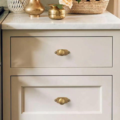 Antique Brass Zinc Alloy Cabinet Knob With Backplate Single Hole Center Mount on white kitchen drawer