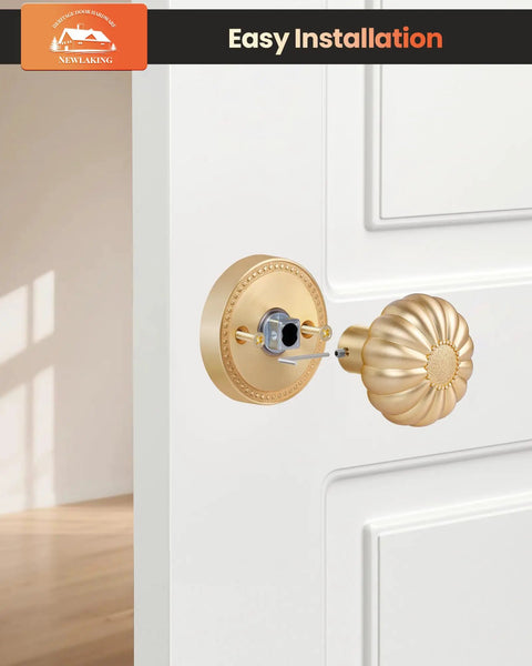 Front view of Satin Brass Dummy Door Knobs for Closet and Pantry, Vintage Non Turning Inactive Interior Door Handles installed on door