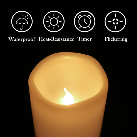 Close-up of waterproof flameless LED pillar candle with remote and timer, showcasing heat-resistance and flickering features.