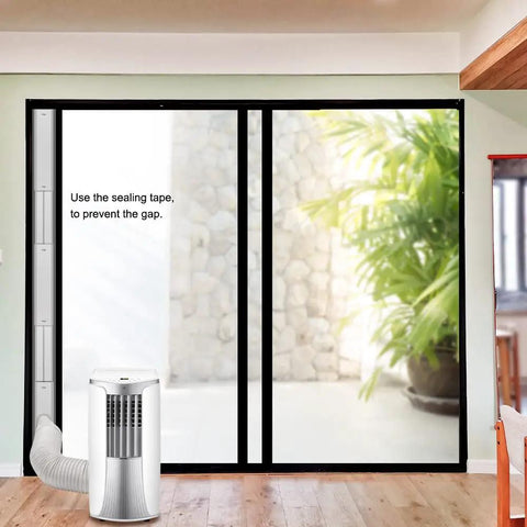 Portable AC Window Vent Kit With 5.9 Inch Exhaust Hose And 78.7 Inch Length installed on sliding glass door
