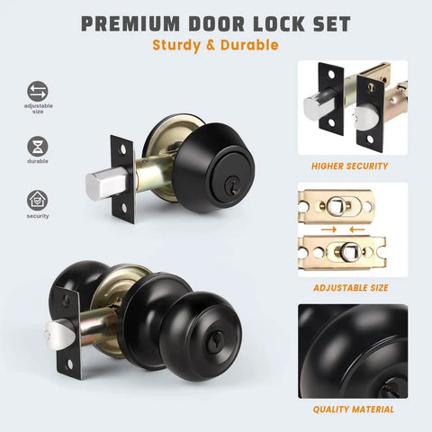 3 Pack Keyed Alike Entry Door Knobs And Single Cylinder Deadbolt Lock Set For Exterior Front Doors Matte Black Finish