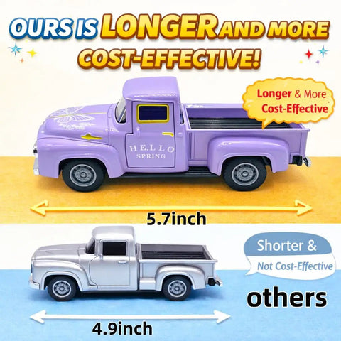 Comparison of Charming Purple Lavender Truck Decor with faux bouquet showing size advantage over a smaller gray truck model.