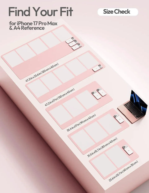 Comparison chart with five pink desk mats for iPhone and A4 sizes, including Leather Desk Protector Mat For Office And Home Large Mouse Pad Non Slip PU Leather Blotter Waterproof Writing Pad Light Pink 23.6 By 13.8 Inches Perfect For Your Laptop Keyboard And Desk Setup.