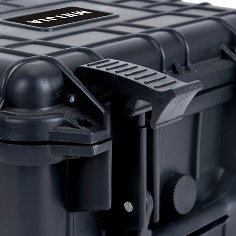Close-up of latch on elegant black All Weather Waterproof Camera Case With Foam For Drones And Gear Grab And Go Bombproof Protection