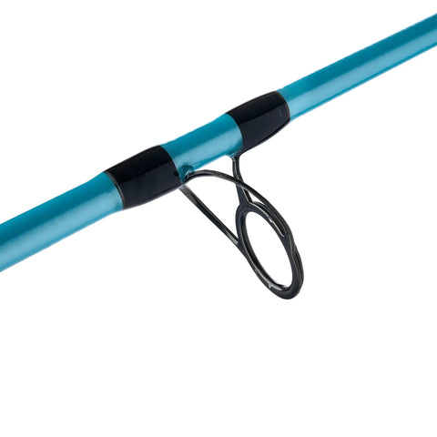 Close-up of Carbon Surf Spinning Rod 12 Foot Two Piece Heavy Power Surf Casting Rod eyelet and guide, 24 ton graphite construction.