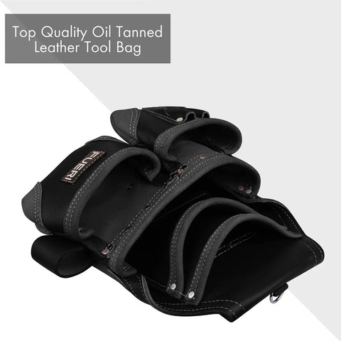 Premium Full Grain Leather Tools Pouch Belt Organizer With Five Pockets for Carpenters and Electricians, black tool bag.
