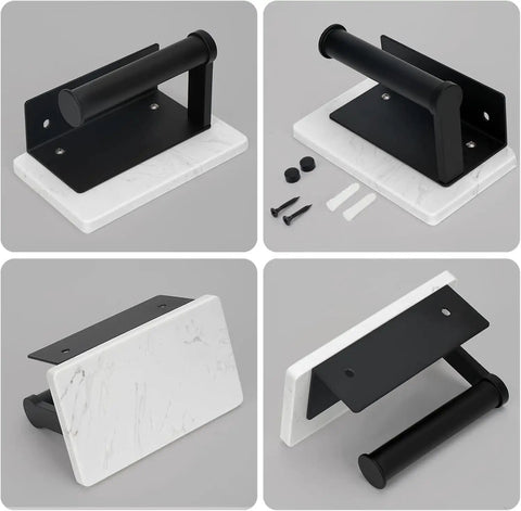 Modern Matte Black Toilet Paper Holder With Shelf, wall mounted with marble shelf, includes installation hardware.