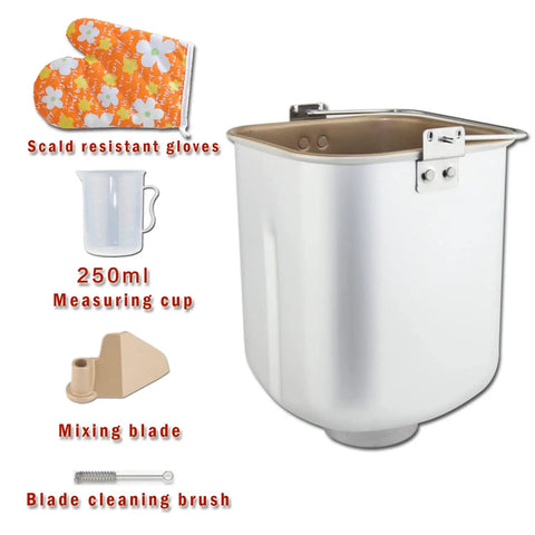 Square Bread Machine Pan With Smooth Nonstick Interior, 2lb Aluminum Baking Bucket with measuring cup, mixing blade, and glove.