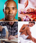 Rapid Seal 15pc Hemostatic First Aid Kit collage showing wound-care scenes: man with facial bandages, chopping onions, woodworking, and shaving
