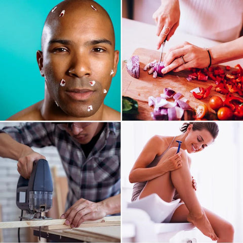 Rapid Seal 15pc Hemostatic First Aid Kit collage showing wound-care scenes: man with facial bandages, chopping onions, woodworking, and shaving