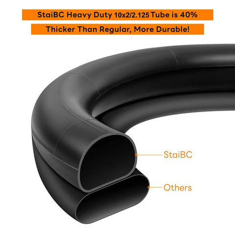 Heavy Duty 10x2 Inner Tubes, 40 Percent Thicker, 2 Pack, cross-section comparison showing thickness against standard tube