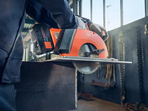 Built Tough Cordless Circular Saw For Spark Free Cold Cuts On Sheet Metal And Steel Pipe Works Like A Charm With Standard 18V Packs Comes Loaded With Two Heavy Duty Batteries And Quick Charger, cutting through steel pipe.