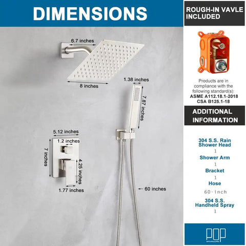 Brushed Nickel Shower System With 8 Inch Rainfall Head, Wall Mounted Faucet Set, Handle, Rough In Valve Body And Trim Kit dimensions