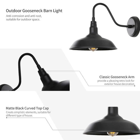 2 Pack 10 Inch Black Outdoor Barn Light With Wall Mount Gooseneck Dome Sconce detailed view showing anti-rust finish and design