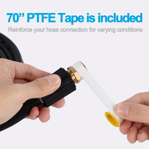 Hands holding brass pressure washer hose adapter wrapped with PTFE tape, Upgrade Your Wash Game With This Brass Pressure Washer Hose Connector M22 14mm Adapter 5000 PSI Heavy Duty Male To Male Coupler For Easy Hose Extension And Full Reach Durable Quick Attach For Most M22 Hoses