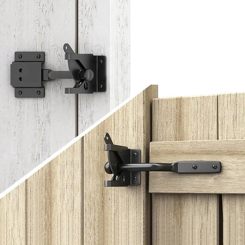 Heavy Duty Automatic Gate Latch Featuring Tough As Nails Self Actuating Mechanism And Secure Padlock Loop Built For Up To 144Mm Gates. Black finish on wood and steel gates.