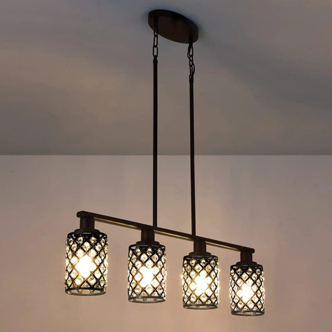 4 Light Linear Pendant Chandelier For Kitchen Island With K9 Crystal And Black Grid Shade Adjustable Height Dining Room Light Fixture Modern Black Pendant Lighting Over Table And Island, mounted view