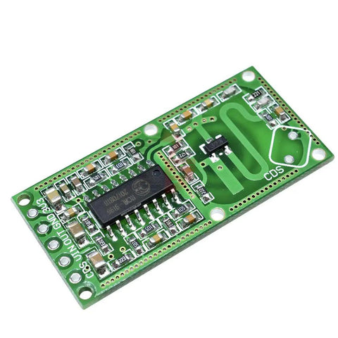 RCWL-0516 Microwave Radar Sensor Module for Human Detection, green circuit board, wide 4.0 to 28.0V input, 3.3V output