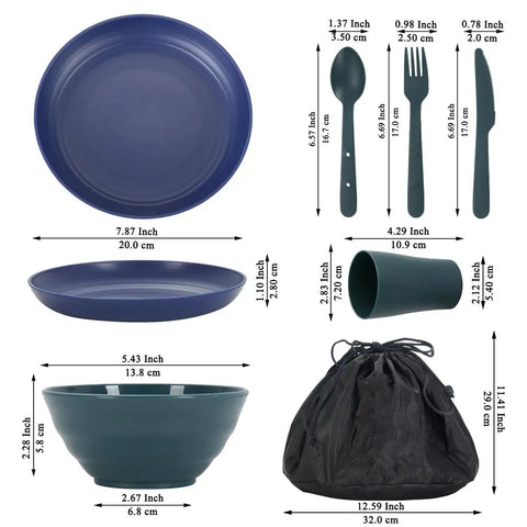 Camping Mess Kit For Two With Plates, Bowls, Cups, Utensils, And Carry Bag And Plastic Camping Essentials