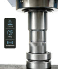 Close-up of the hydraulic ram of the Straight Up Heavy Duty 30 Ton H Frame Shop Press Featuring Pneumatic Hydraulic Pump and completely welded steel build.