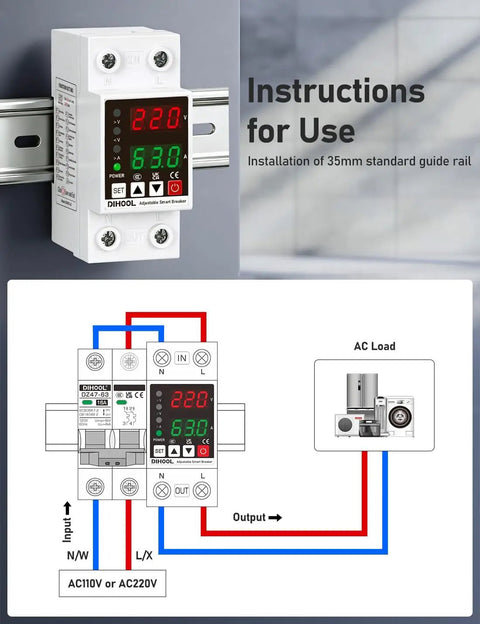 Smart Circuit Breaker With Adjustable Voltage Protection 70-200V Low Cutoff, 140-300V High Cutoff, 1-63A DIN Rail Mount