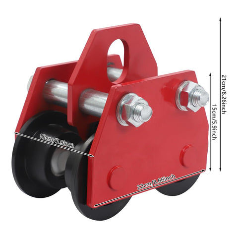 Side view of 3 Ton Manual Beam Trolley For I Beam Lifts Heavy Duty Push Trolley With Dual Track Rollers, red and black.