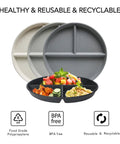 Durable 9 Inch Divided Plates Set For Kids And Adults Unbreakable Plastic Portion Control Plates in three colors, one with food