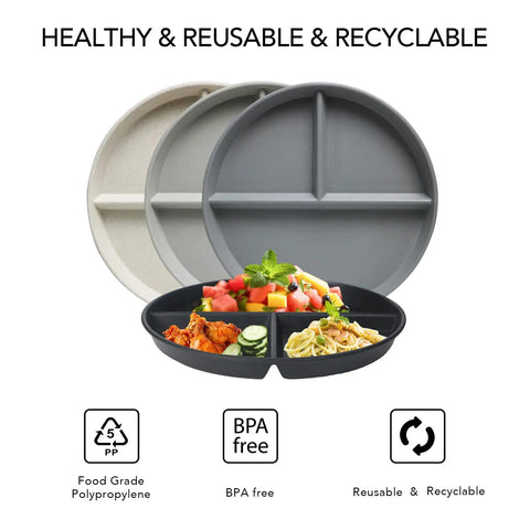 Durable 9 Inch Divided Plates Set For Kids And Adults Unbreakable Plastic Portion Control Plates in three colors, one with food