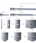 Dimensional analysis of Beefed Up 15 Piece Concrete Hole Saw Kit With SDS Plus Shank And 110mm Connecting Rod, various hole sizes shown.