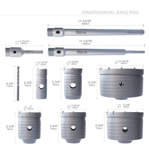 Dimensional analysis of Beefed Up 15 Piece Concrete Hole Saw Kit With SDS Plus Shank And 110mm Connecting Rod, various hole sizes shown.