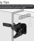 Heavy Duty Gate Latch For Wooden Fence Gates with gravity closure installation tip illustration for outdoor safety.