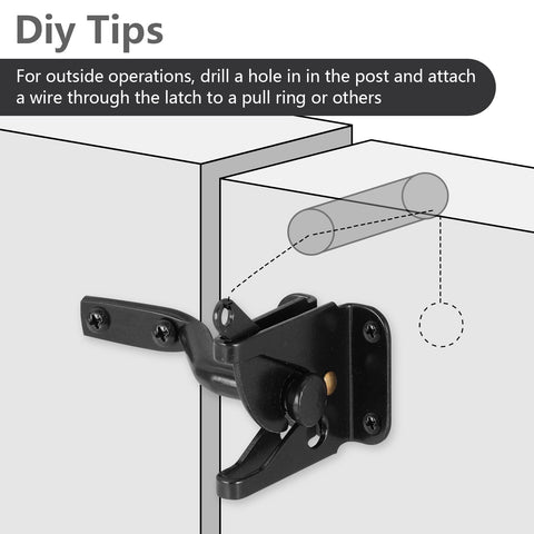 Heavy Duty Gate Latch For Wooden Fence Gates with gravity closure installation tip illustration for outdoor safety.